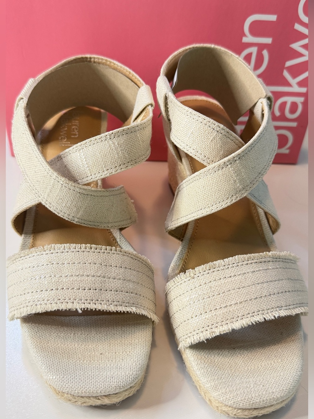 Lauren Blakwell Felicity Wedge Sandals Natural Canvas Espadrille Ankle Strap 9